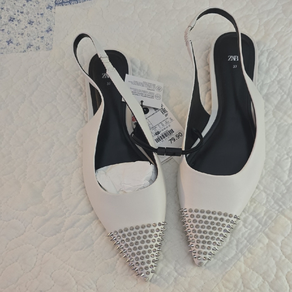 Zara White Elegant Studded Leather Pointed Slingback
